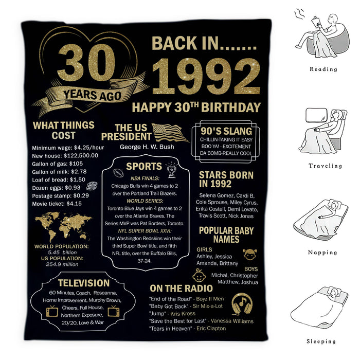 30 Years Old Back In 1992 Birthday Blanket, Birthday Milestone, 30th Birthday Gifts For Women For Men