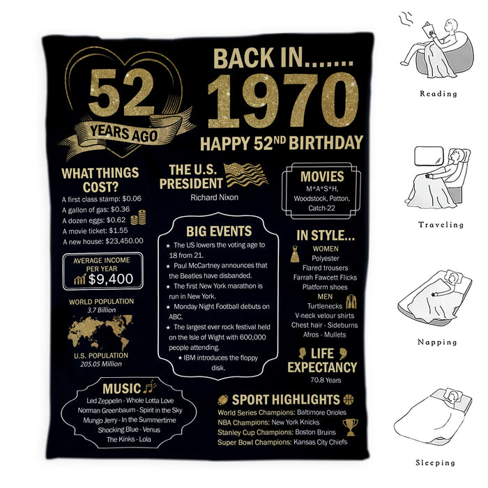 Custom 52th Birthday Gifts For Women For Men, Birthday Milestone Blanket, 52th Birthday Back In 1970 Blanket, 52th Birthday Decorations, Birthday Gifts For Women