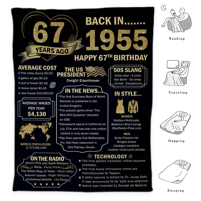67 Years Ago Back In 1955 Blanket, 67th Birthday Gifts For Women Men, Milestone Birthday Blanket