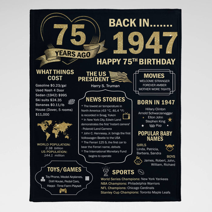 75 Years Ago Back In 1947 Birthday Blanket, 75th Birthday Decorations Gifts For Women Men