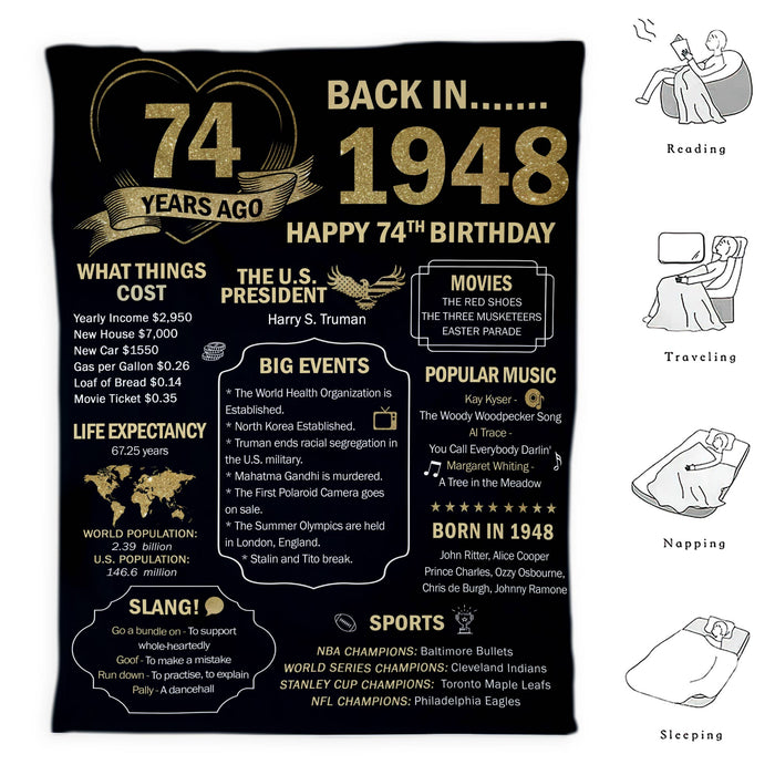 74 Years Ago Back In 1948 Birthday Blanket, 74th Birthday Decorations Gifts For Women Men