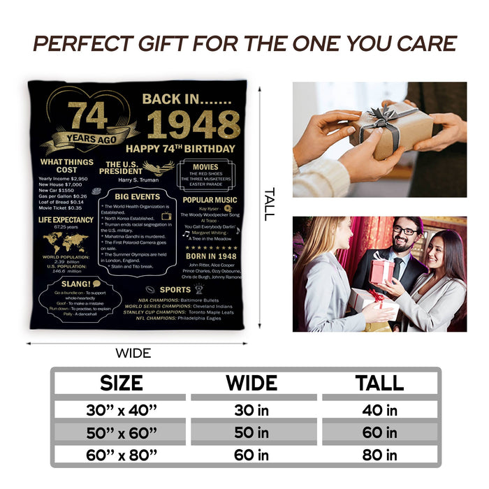 74 Years Ago Back In 1948 Birthday Blanket, 74th Birthday Decorations Gifts For Women Men