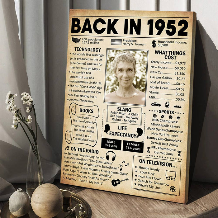 Personalized Back In 1952 Poster Canvas, 70th Birthday Gifts For Women For Men, 70th Birthday Decorations, Milestone Birthday Poster