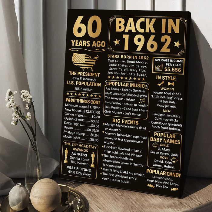 Vintage Newspaper 60 Years Ago Back In 1962 Birthday Poster Canvas, 60th Birthday Gifts For Women Men Her Him