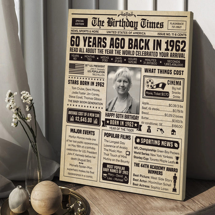 Back In 1962 Newspaper Vintage 60th Birthday Poster Canvas, 60th Birthday Gifts For Women For Men, Anniversary Decorations Gifts For Parents