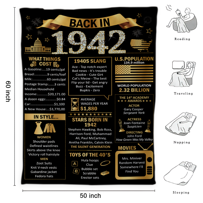 Back In 1942 Blanket, 80th Birthday Gifts For Women For Men, Birthday Milestone Blanket, 80th Birthday Decorations