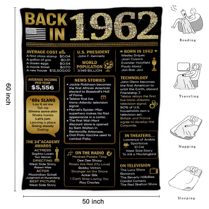 Back In 1962 Birthday Blanket, 60th Birthday Gifts For Women For Men, Birthday Milestone, Back In 1962