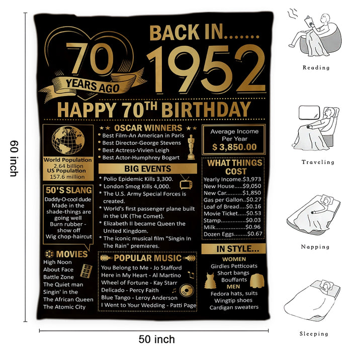 70th Birthday Blanket Decorations, Back In 1952, Birthday Milestone, 70th Birthday Decorations