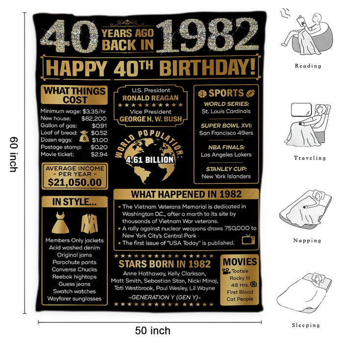 40 Years Old Back In 1982 Birthday Blanket, Birthday Milestone, 40th Birthday Gifts For Women For Men