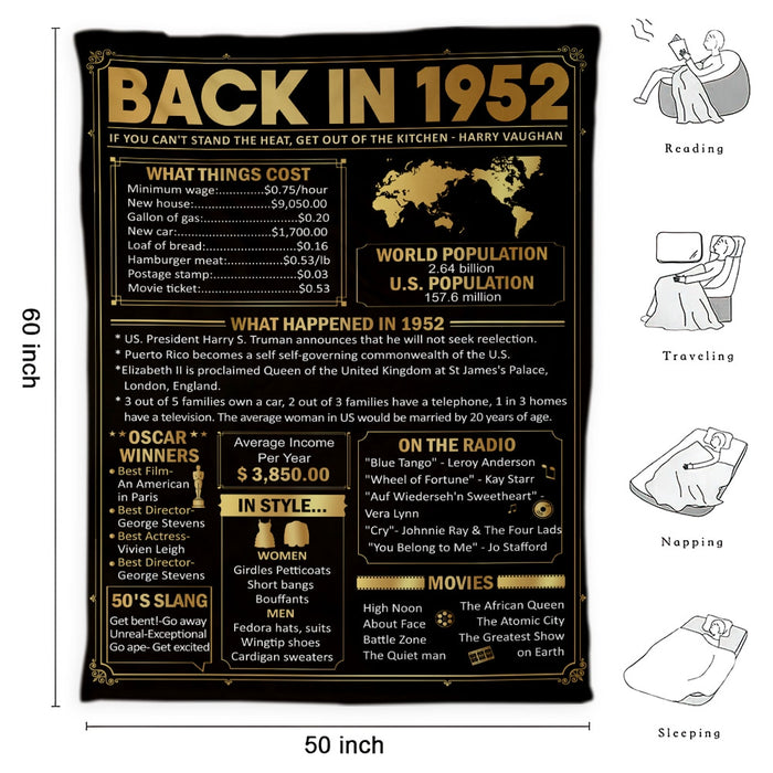 Back In 1952 Blanket, 70th Birthday Decorations, Birthday Gifts For Women For Men, 70th Birthday Gifts For Women