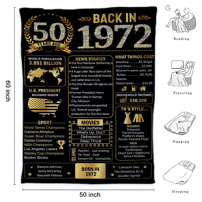 50 Years Ago In 1972 Birthday Blanket, Birthday Milestone, 50th Birthday Decorations For Women For Men