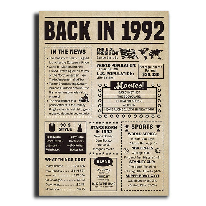30 Years Ago Back In 1992 Birthday Poster Canvas, 30th Birthday Gifts Decorations For Him Or Her