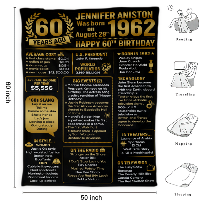 Custom 60 Years Ago Back In 1962 Blanket, 60th Birthday Gifts For Women For Men, 60th Birthday Decorations, Birthday Milestone Blanket