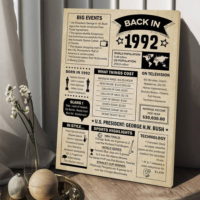 Back In 1992 Newspaper Poster, 30th Birthday Party Decorations For Women Men, Milestone Birthday