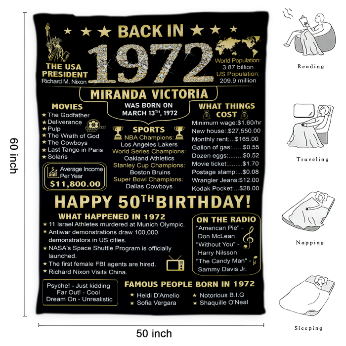 Custom 50 Years Ago In 1972 Blanket, 50th Birthday Decorations, 50th Birthday Gifts For Women For Men, Milestone Birthday Blanket