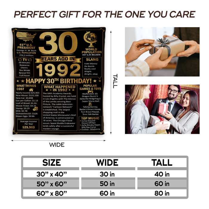 Personalized 30 Years Ago In 1992 Birthday Blanket, 30th Birthday Decorations For Women For Men, Birthday Gifts