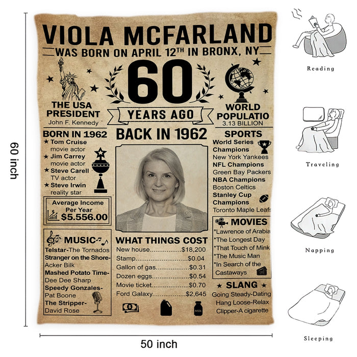 Personalized 60th Birthday Blanket, 60th Birthday Decorations For Women For Men, Birthday Milestone, Back In 1962