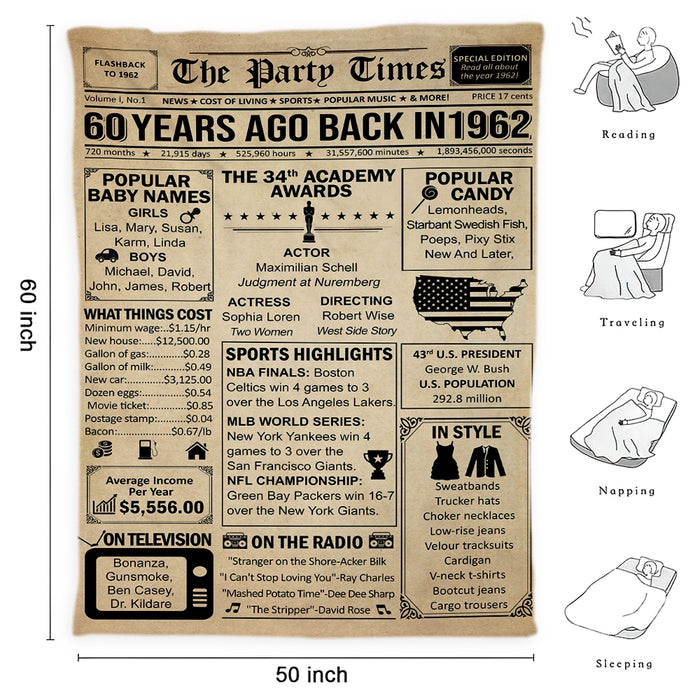 60 Years Ago Back In 1962 Birthday Blanket, Birthday Milestone, 60th Bitrthday Decorations For Women For Men