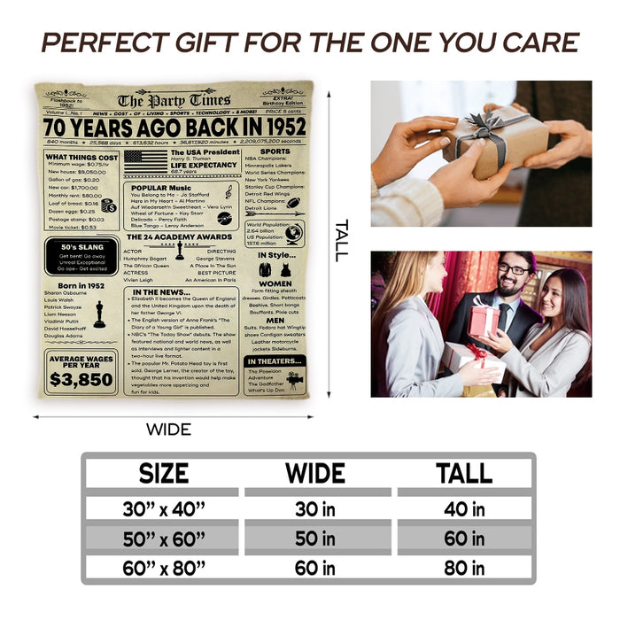 Back In 1952 Birthday Blanket, 70 Years Old, Birthday Milestone, 70th Birthday Decorations, 70th Birthday Gifts For Women For Men