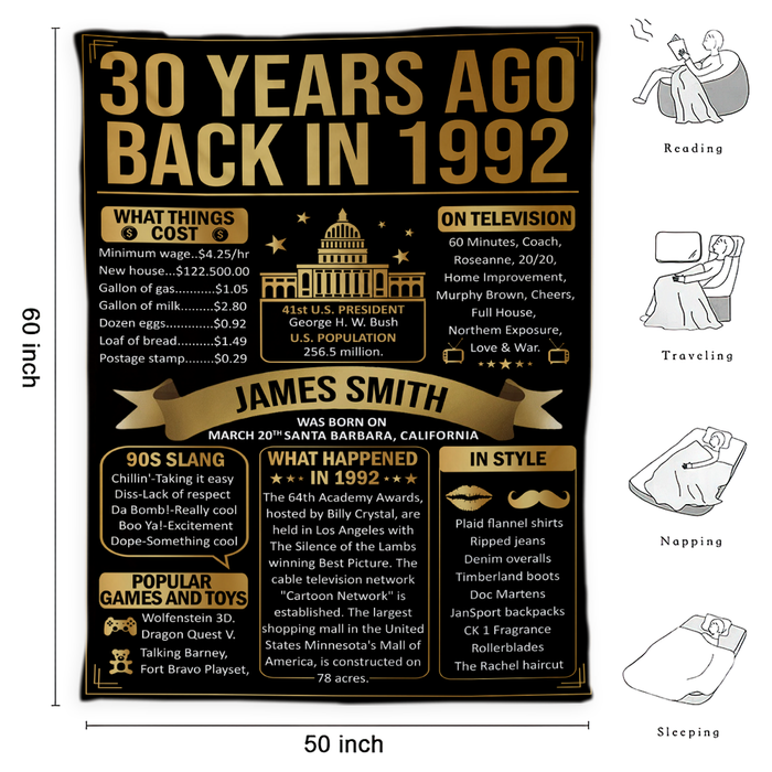 30 Years Ago Back In 1992 Birthday Blanket, 30th Birthday Gifts For Women For Men, Birthday Milestone Blanket, 30th Birthday Decorations, 30 Years Old, Back In 1992