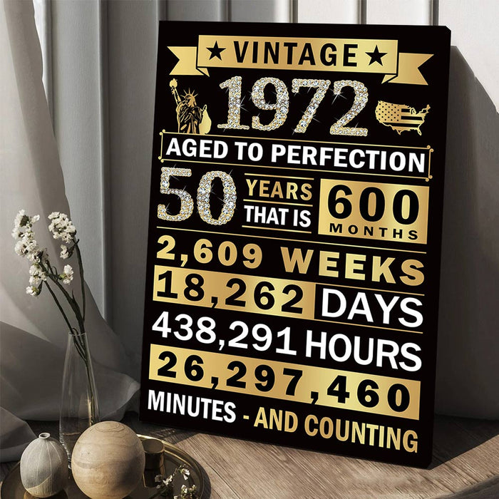 50th Birthday Poster Canvas Decorations, Vintage 1972, 50th Birthday Gifts For Women For Men, Cheers To 50 Years