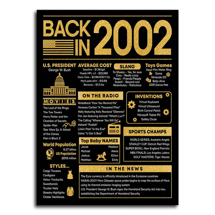 20 Years Ago Back In 2002 Birthday Poster Canvas, 20th Birthday