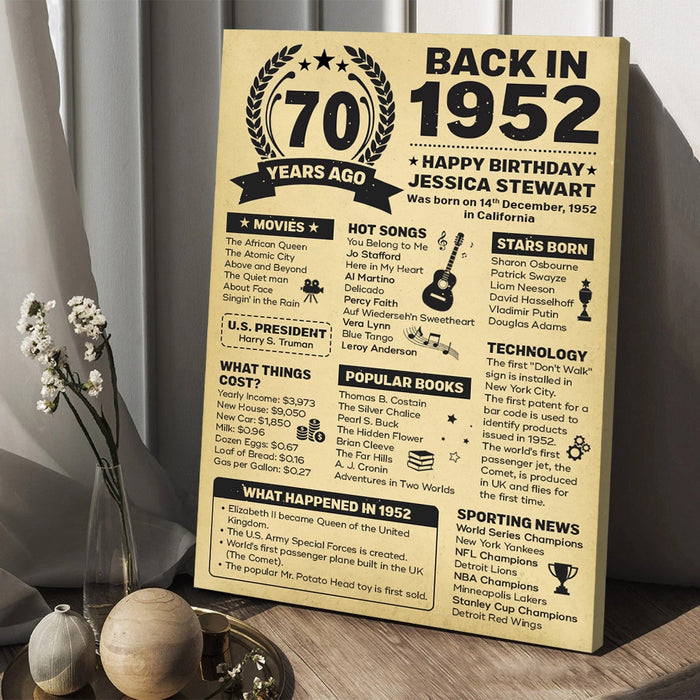 70 Years Ago Back In 1952 Poster, 70th Birthday Gifts For Women Men, Milestone Birthday Decorations