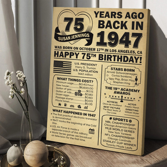 Back In 1947 Poster, Birthday Milestone Sign, 75th Birthday Decorations, 75th Birthday Gifts For Women For Men