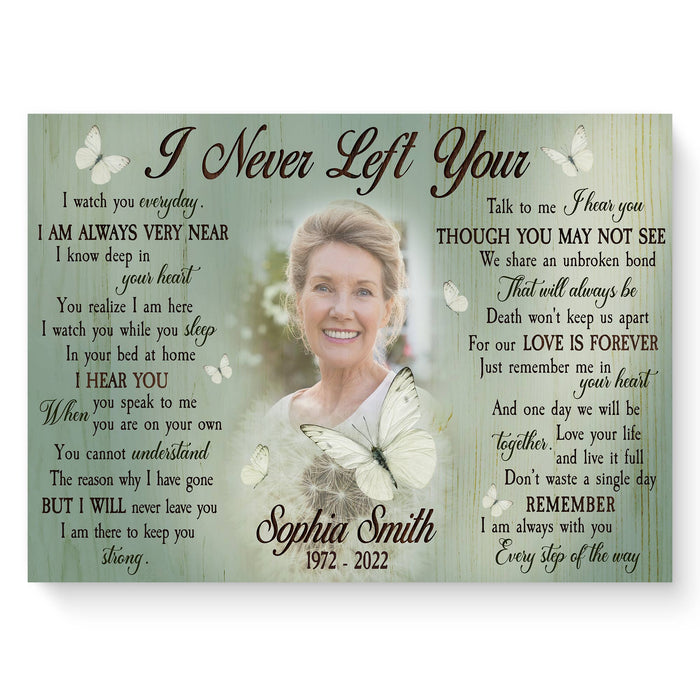 Custom I Never Left You Memorial Poster Canvas, Butterfly Memorial Sympathy Bereavement Gifts For Mom