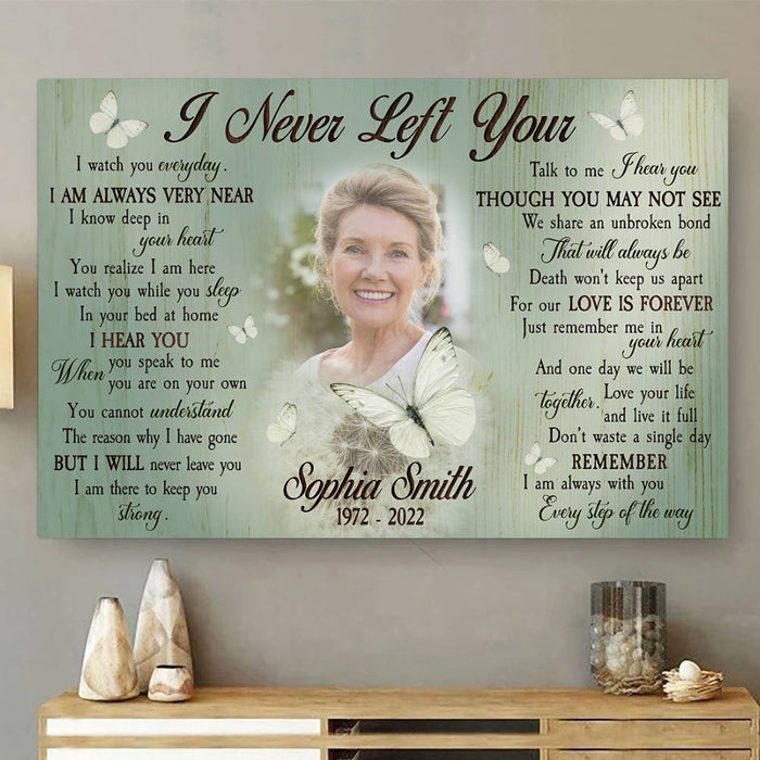 Custom I Never Left You Memorial Poster Canvas, Butterfly Memorial Sympathy Bereavement Gifts For Mom