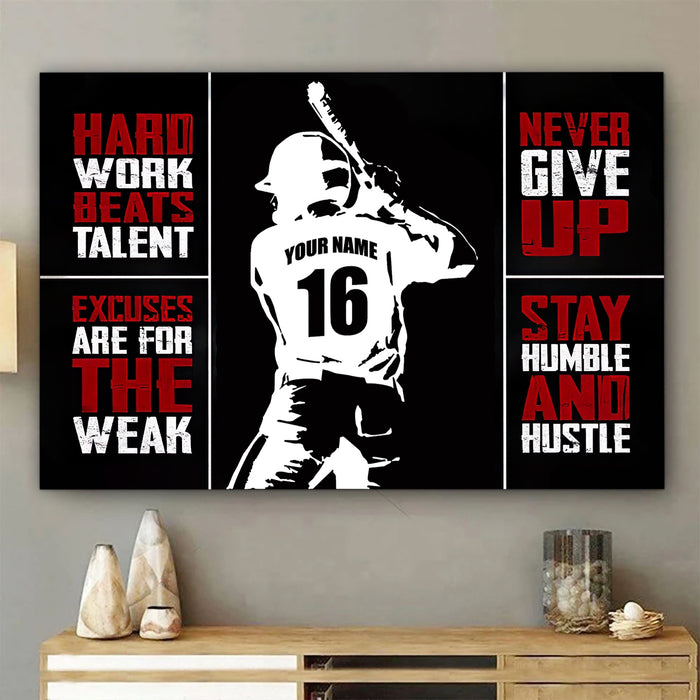 Personalized Hard Work Beat Talent Poster Canvas, Baseball Player, Gifts For Him, Motivation Gifts, Never Give Up, Home Living Decorations