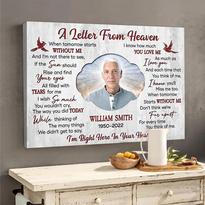 Custom A Letter From Heaven Memorial Poster Canvas, Cardinals Sympathy Bereavement Gifts For Mom Dad