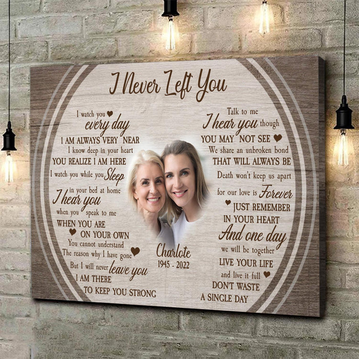 Personalized I Never Left You Mom Poster Canvas, Poster Home Living Decorations, Loss Of Mom, Custom Rememberance Gifts, Sympathy Gifts For Mom