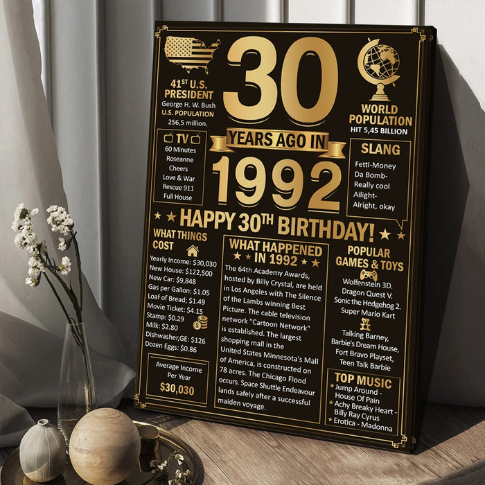 Personalized 30 Years Ago In 1992 Birthday Poster Canvas, 30th Birthday Decorations For Women For Men