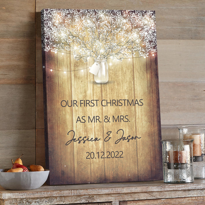 Personalized Our First Christmas As Mr Mrs Poster Canvas, Christmas Gifts For Couple, Wedding Anniversary Gift For Wife Husband
