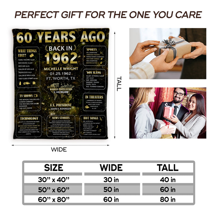 Personalized 60 Years Ago Back In 1962 Fleece Blanket, Birthday Decoration Gifts For Women Men, Birthday Blanket For Mom Dad On Birthday Christmas