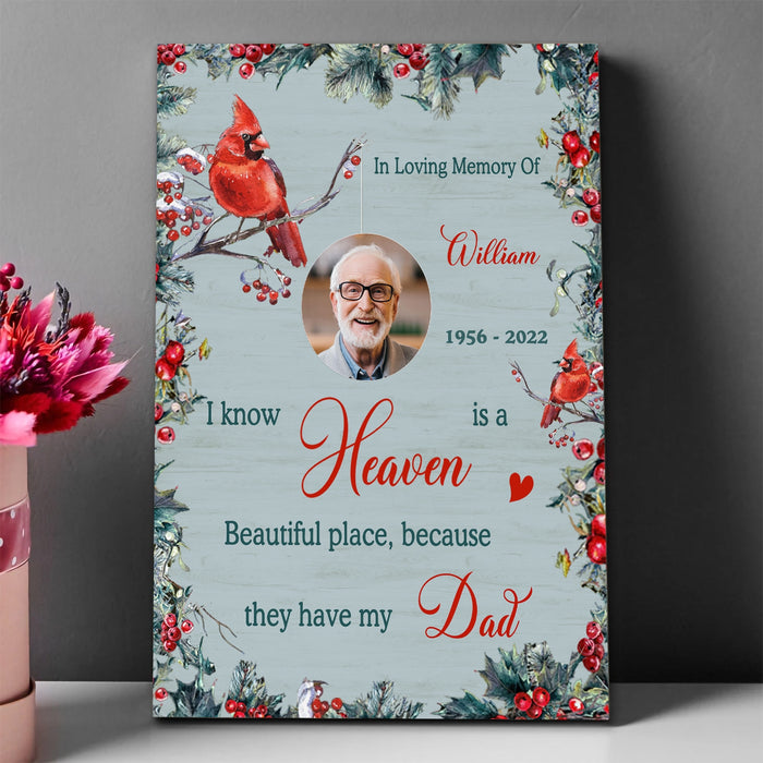 Personalized Dad In Heaven Cardinals Memorial Poster Canvas, Christmas Gifts For Loss Of Mom Dad