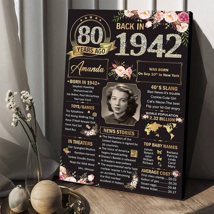 Personalized Happy 80th Birthday Back In 1942 Poster Canvas, 80th Birthday Decorations Gifts For Women