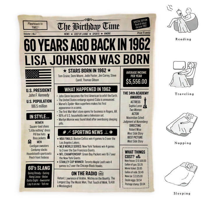 Personalized 60th Birthday Blanket, Back In 1962, 60th Birthday Gifts For Women For Men