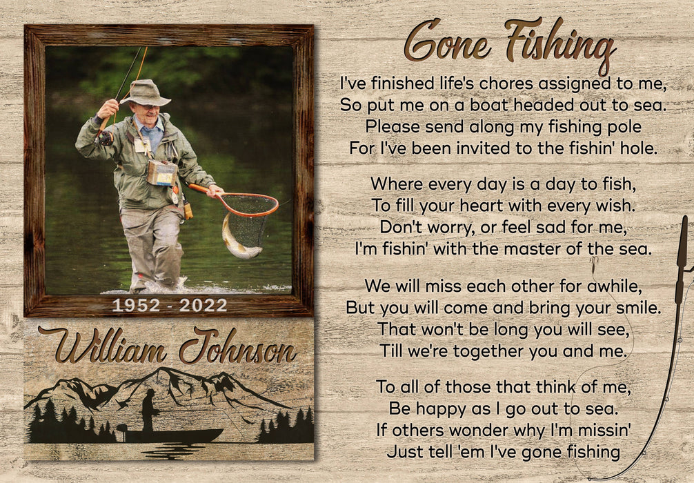 Personalized Gone Fishing In Heaven Poster Canvas, Fishing Memorial Sympathy Bereavement Gifts For Dad