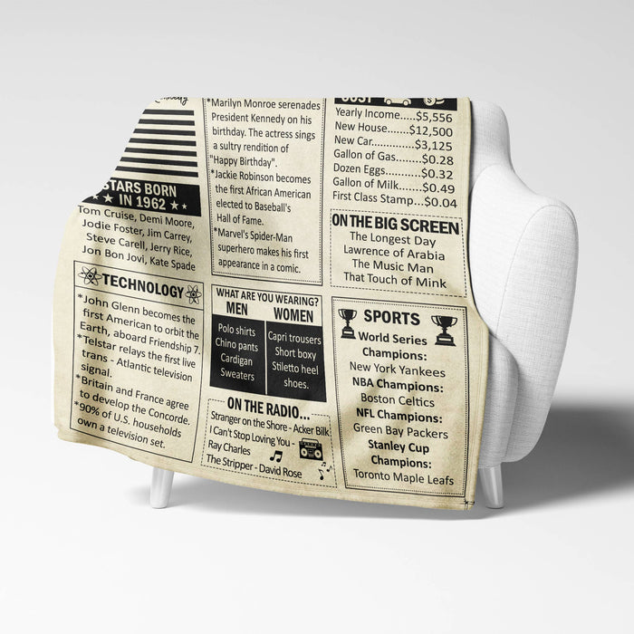 1962 The Year You Were Born Blanket, 60th Birthday Gifts For Women For Men, 60th Birthday Decorations, Back In 1962 Newspaper Blanket