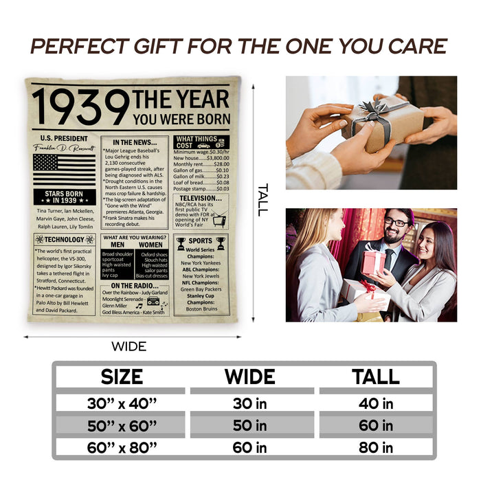 1939 The Year You Were Born Blanket, 83rd Birthday Gifts For Women For Men, 83rd Birthday Decorations, Back In 1939 Newspaper Blanket