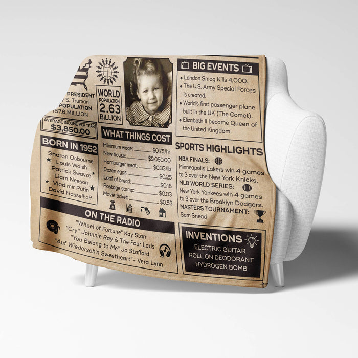 70 Years Ago Back In 1952 Newspaper Vintage Blanket, 70th Birthday Gifts For Women For Men, 70th Birthday Decorations