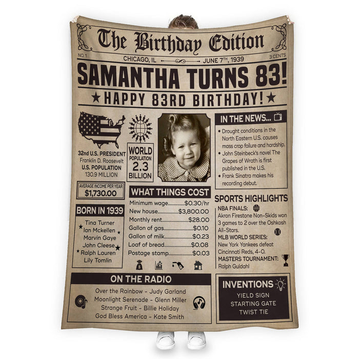 83 Years Ago Back In 1939 Newspaper Vintage Blanket, 83rd Birthday Gifts For Women For Men, 83rd Birthday Decorations