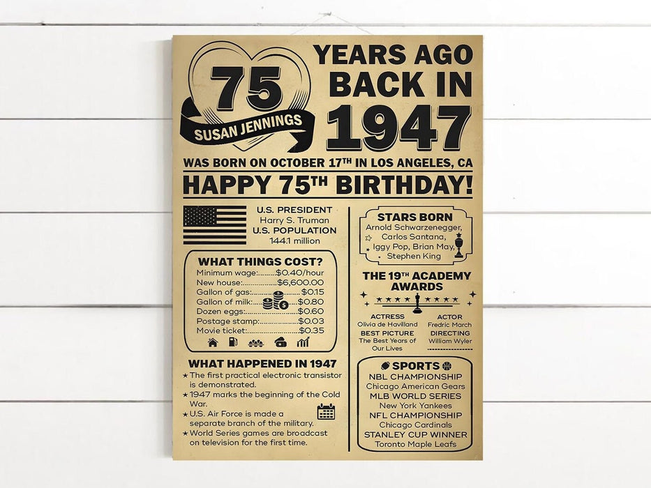 Back In 1947 Birthday Poster, 75th Birthday Decorations, 1947 Birthday, 1947 Birthday Newspaper Sign, 75th Gift, 75th Birthday Party Idea