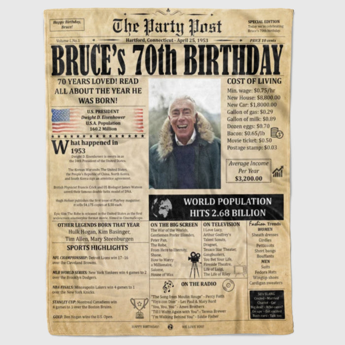 70 Years Ago Back In 1953 Newspaper Vintage Blanket, 70th Birthday Gifts For Women For Men, 70th Birthday Decorations